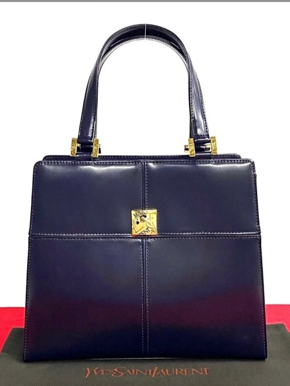 Yves Saint Laurent Navy Leather Top-Handle Satchel with Gold Hardware